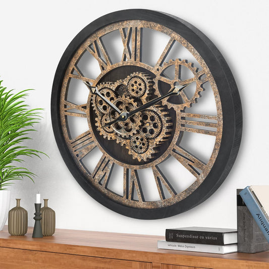 HOIBAI Wall Clock, Large Wall Clocks for Living Room Decor 18 Inch Battery Operated Silent Non-Ticking Modern Farmhouse Vintage Roman Big Wall Clock for Home Bedroom House, Moving Gears Clock