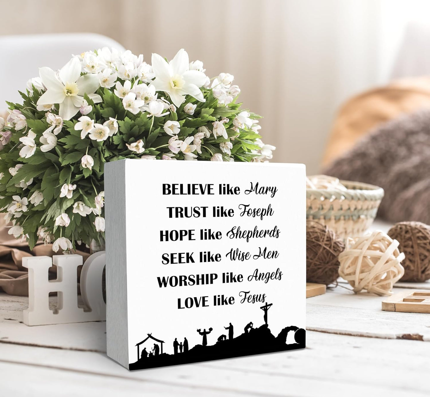 SRADMO Christian Signs for Home Decor, Inspirational Bible Verse Wood Box Sign Desk Decor, Bible Verse Decor, Christian Theme Wooden Block Box Sign Decoration for Home Office Shelf Table Decor