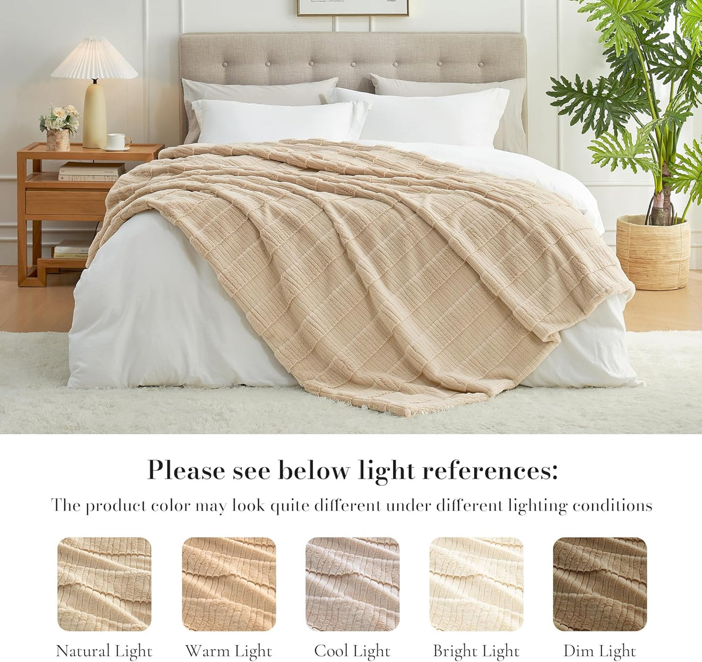 Amélie Home Luxury Striped Faux Fur Throw Blanket for Couch, Embossed Split Fur Cozy Fuzzy Fluffy Luxurious Soft Plush Sofa Chair Bed Gift Blankets for Women Men Wife Friend, 60"x80", Beige