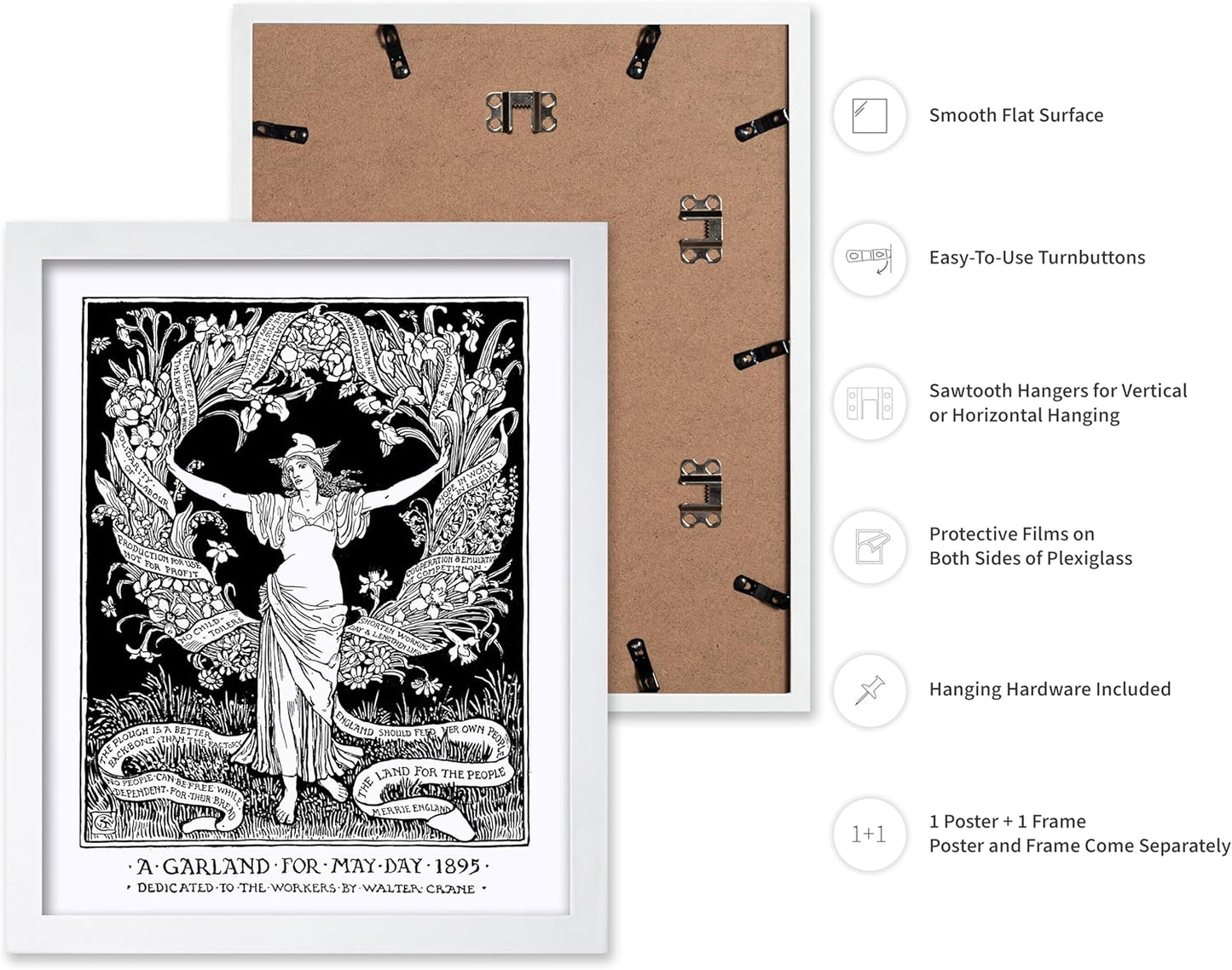 Poster Master Vintage Walter Crane Poster - Retro A Garland for May Day Print - Socialist Art - Gift for Him, Her, Men, Women - Wall Decor for Home, Office, Living Room, 8x10 White Framed