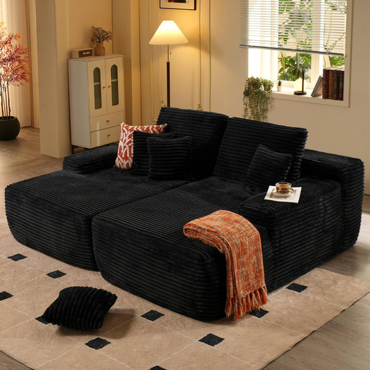 ovios 81" Oversized Sectional Double Lounge Chaise with Cloud Plush Sofa Bed, No Assembly Required, Fluffy Modern Sleeper Loveseat Chair for Indoor Living Room Bedroom Reading, Black (Plush Fabric)