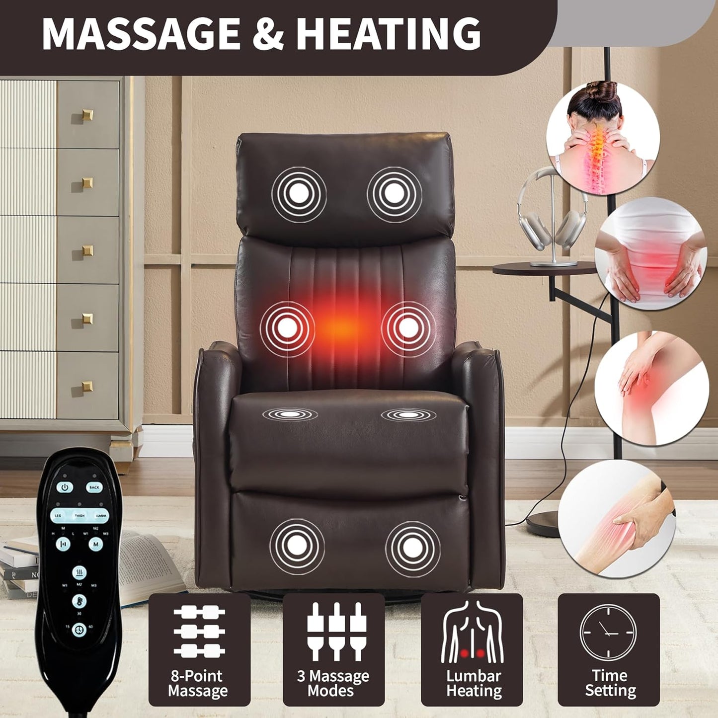 Manual Swivel Rocker Recliner Chair for Adults, Overstuffed Reclining Glider Chair for Nursing with Vibration Massage & Heat, Living Room Rocking Recliner 2-Stage backrest, Faux Leather Brown