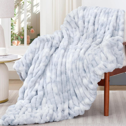 Touchat Ruched Faux Rabbit Fur Throw Blanket, 700 GSM Luxury Dual-Sided Soft Cozy Blanket, Fuzzy Fluffy Plush Blanket for Bed, Couch and Sofa - 50"x60", Tie-dye Blue