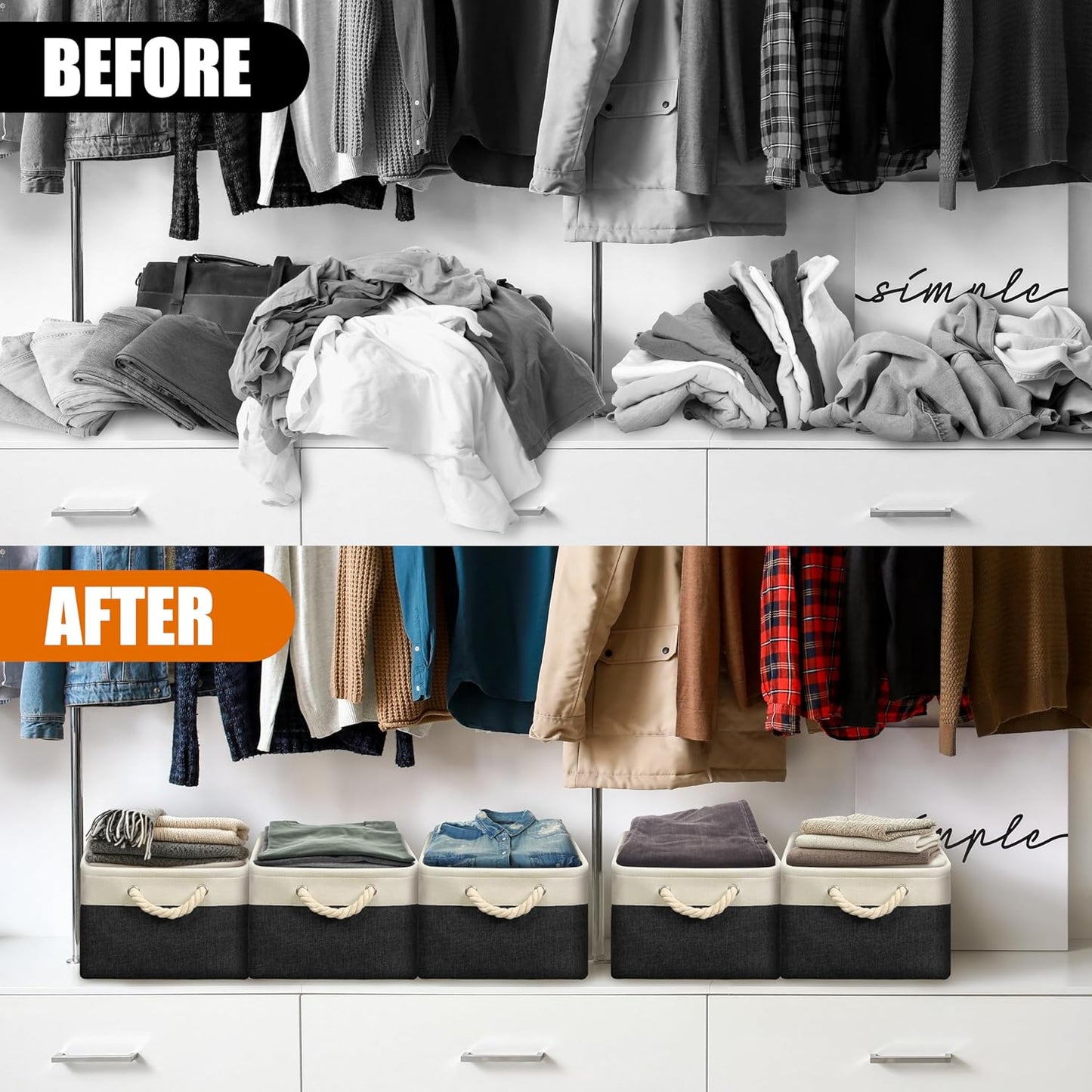 SIMPLE HOUSEWARE Large Fabric Storage Bin, 15.7" x 12" with Braided Handles, 3 Pack, Black