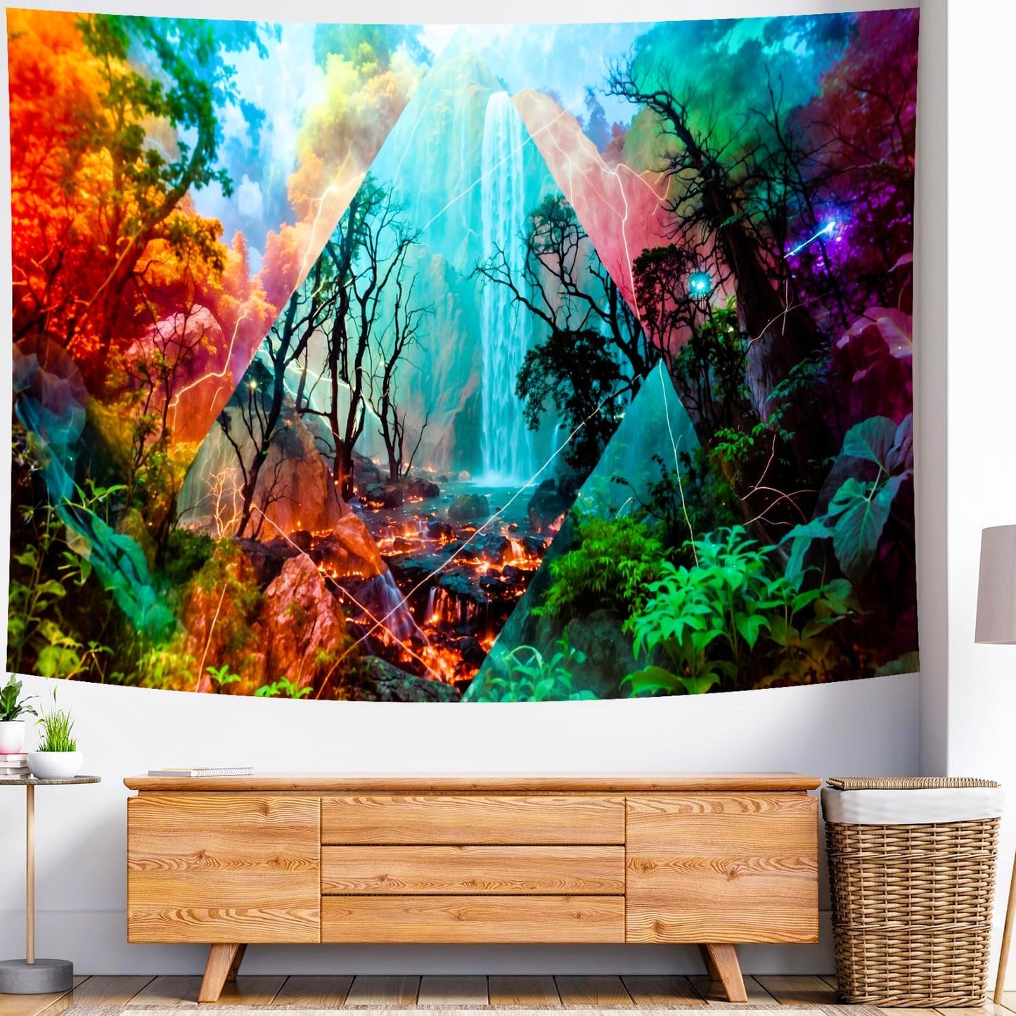 Delur Forest Tapestry Waterfall Mountain Rainforest Sunset Nature Tree Tapestry Wall Hanging Scenic Tropical Landscape Natural Sunrise Headboard for Bedroom Living Room Home Decor (51.2" x 59.1")