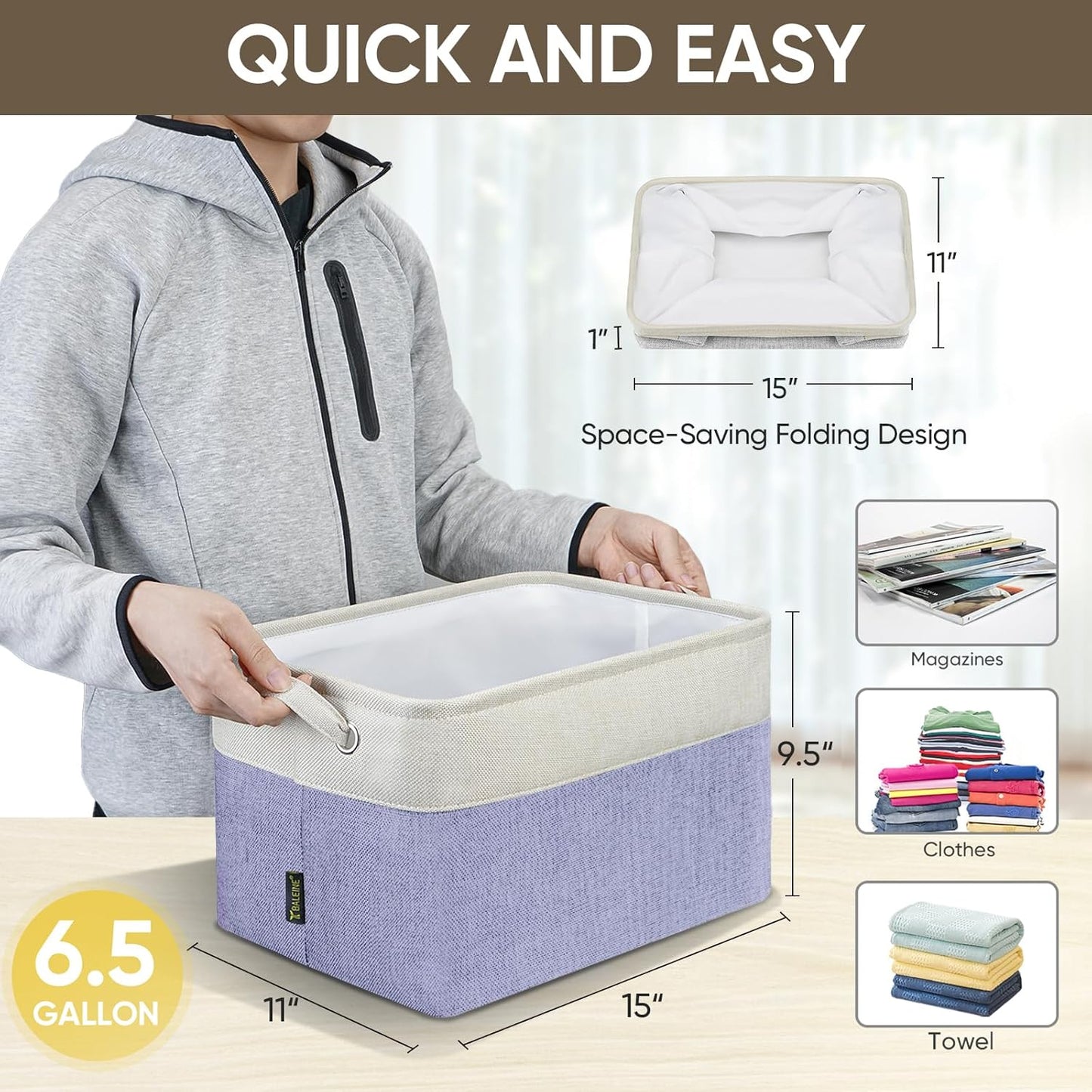 BALEINE 2 Pack Fabric Storage Bins for Shelves, Linen Storage Baskets for Organizing, Decorative Closet Bins for Clothes, Home (Lavender, 15''x11''x9.5'')