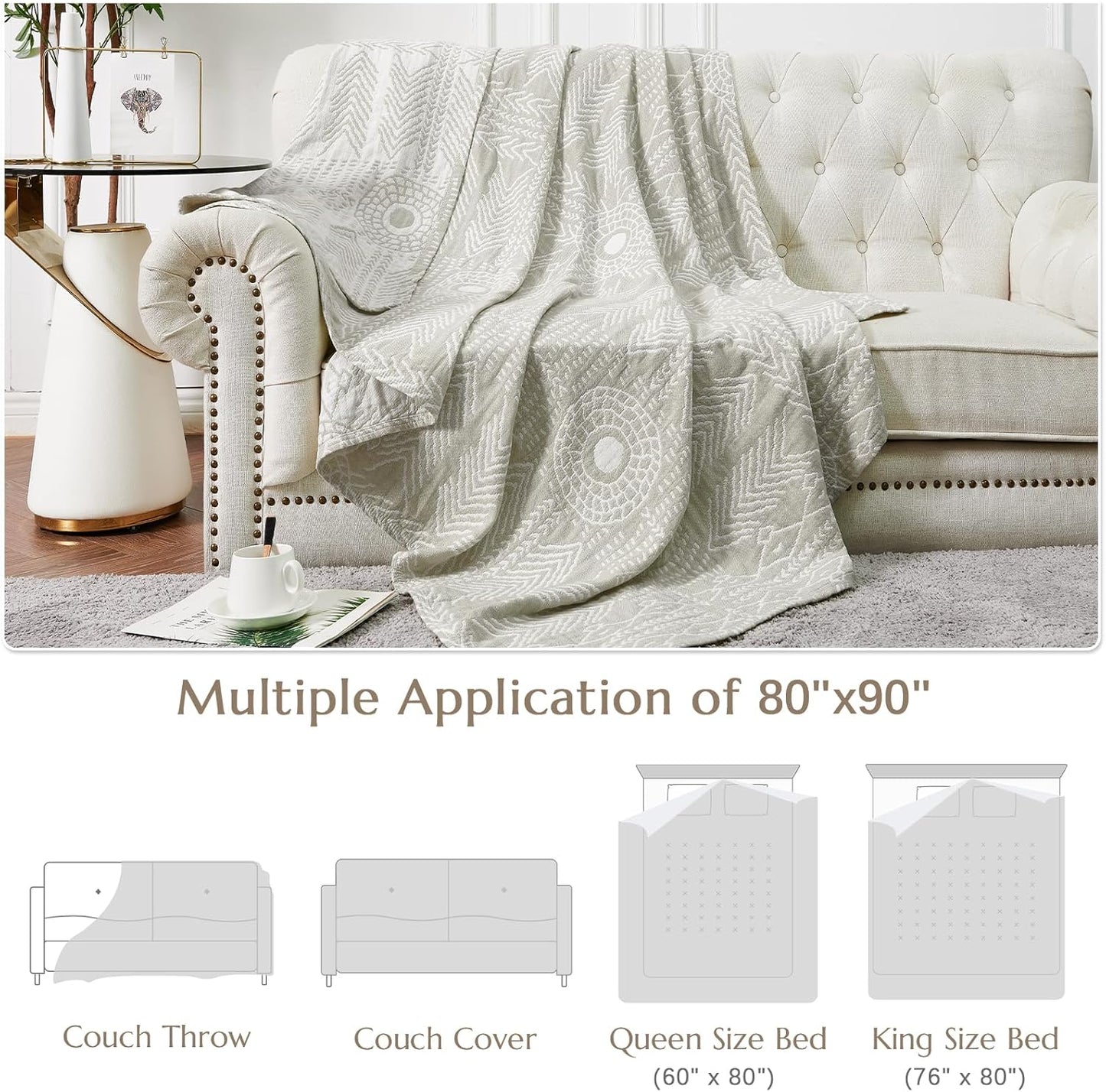 JINCHAN Boho 100% Cotton Muslin Blanket 3-Layer Queen Size 80x90 Inches Geometric Light Grey Lightweight Reversible Soft Comfy Throw for Couch Sofa Bed Coverlet Quilt Large Blanket Bedroom All Seasons