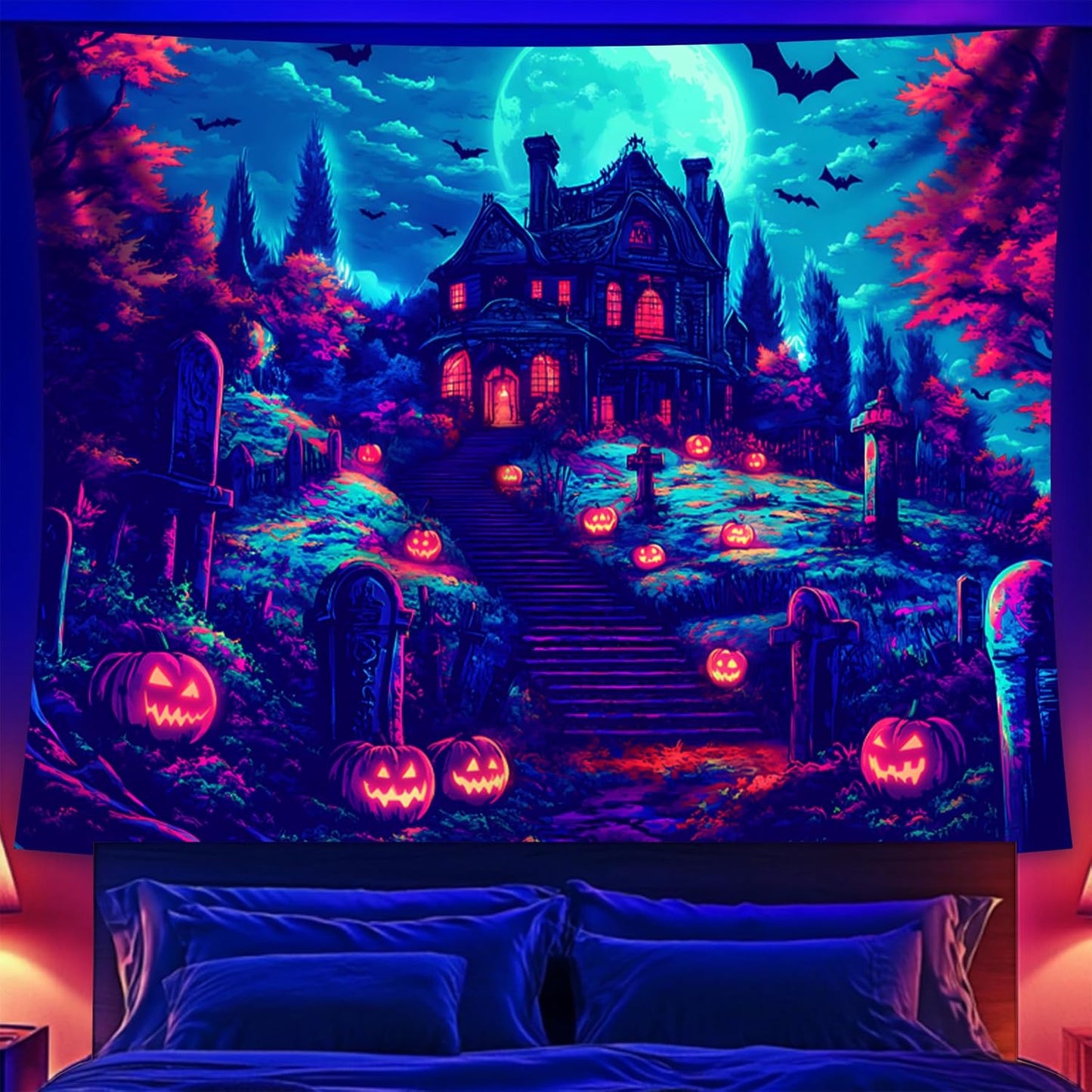 Halloween Tapestry, Blacklight Tapestry for Halloween Party Decor Hanging Tapestries Backdrop Wall Art Poster for Bedroom Dorm 79x59in