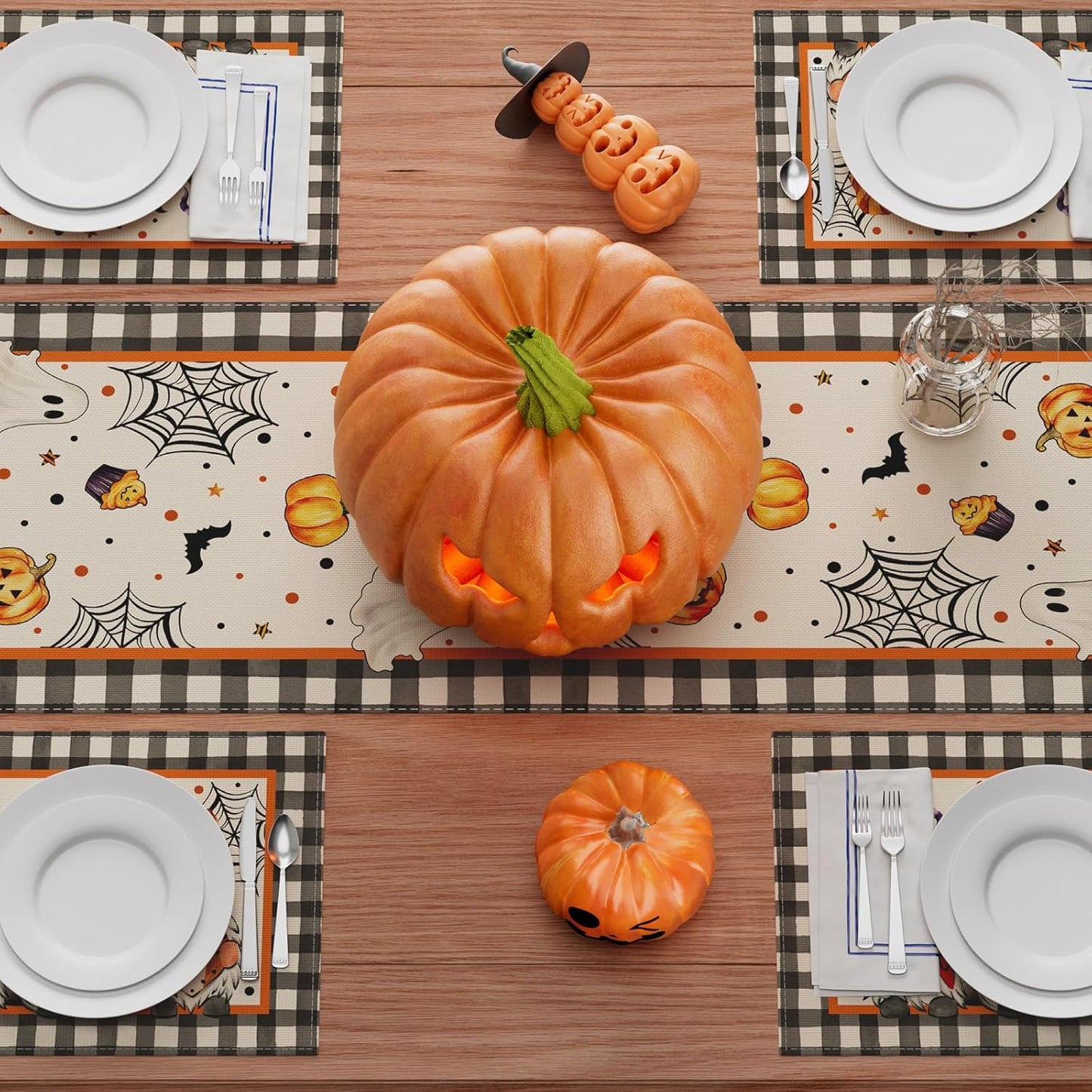 XCHI Spooky Boo Plaid Gnome Halloween Table Runner Party Table Decoration for Home Kitchen Dining Holiday Decor 13x108 Inch