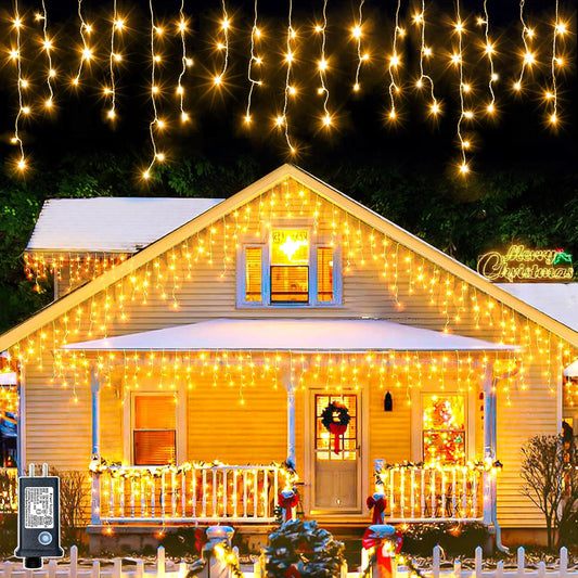 Icicle Christmas Lights Outdoor, 66ft 640 LED Icicle Lights for Outside 8 Modes with 75 Drops, Plug in Christmas Light for House Indoor Holiday Wedding Christmas Decorations, Warm White