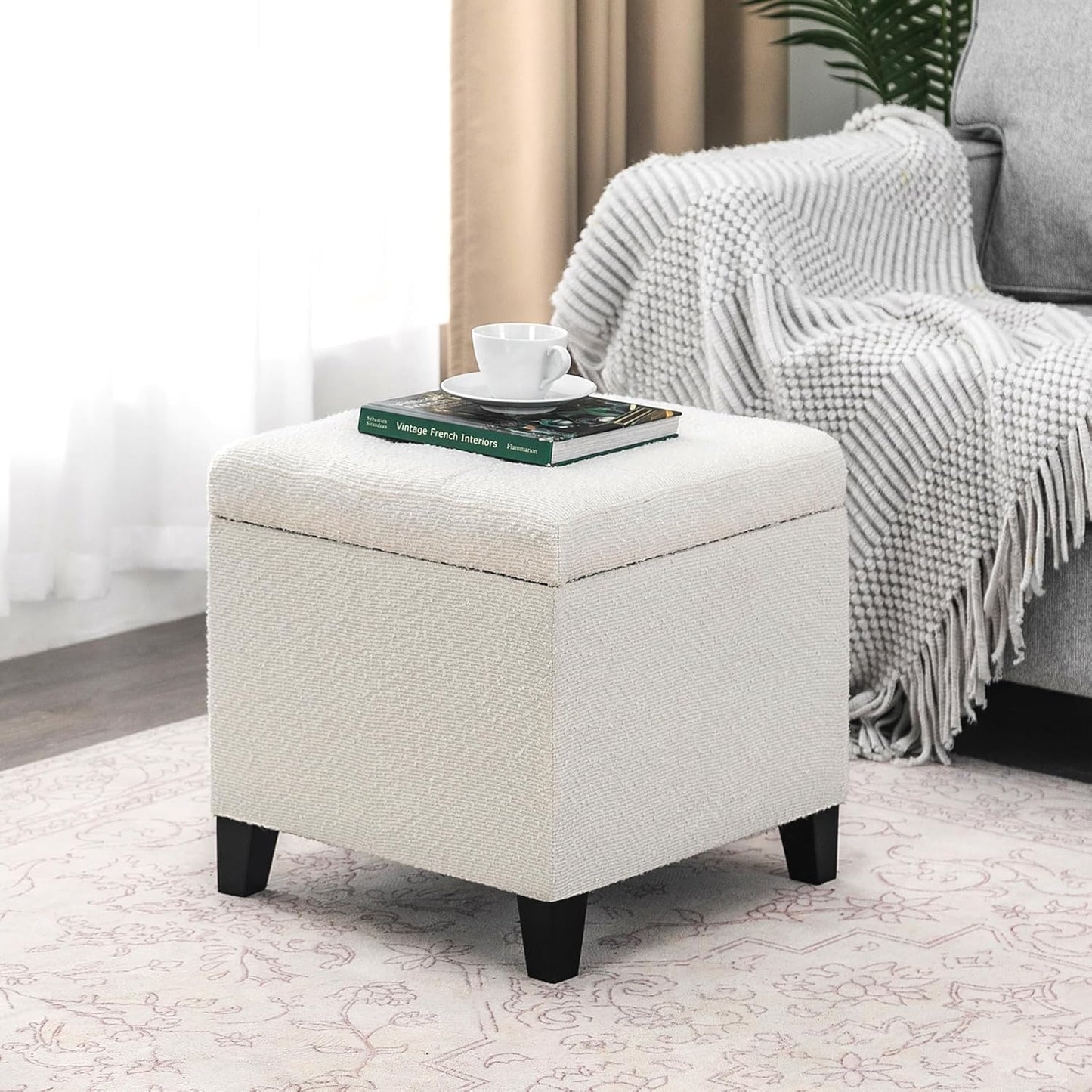 Adeco 18 Inch High Cube Ottoman Storage, Linen Chair Foot Stools, Upholstered Vanity Stool with Hinged Lid, Solid Wood Legs (White Circle Yarn)