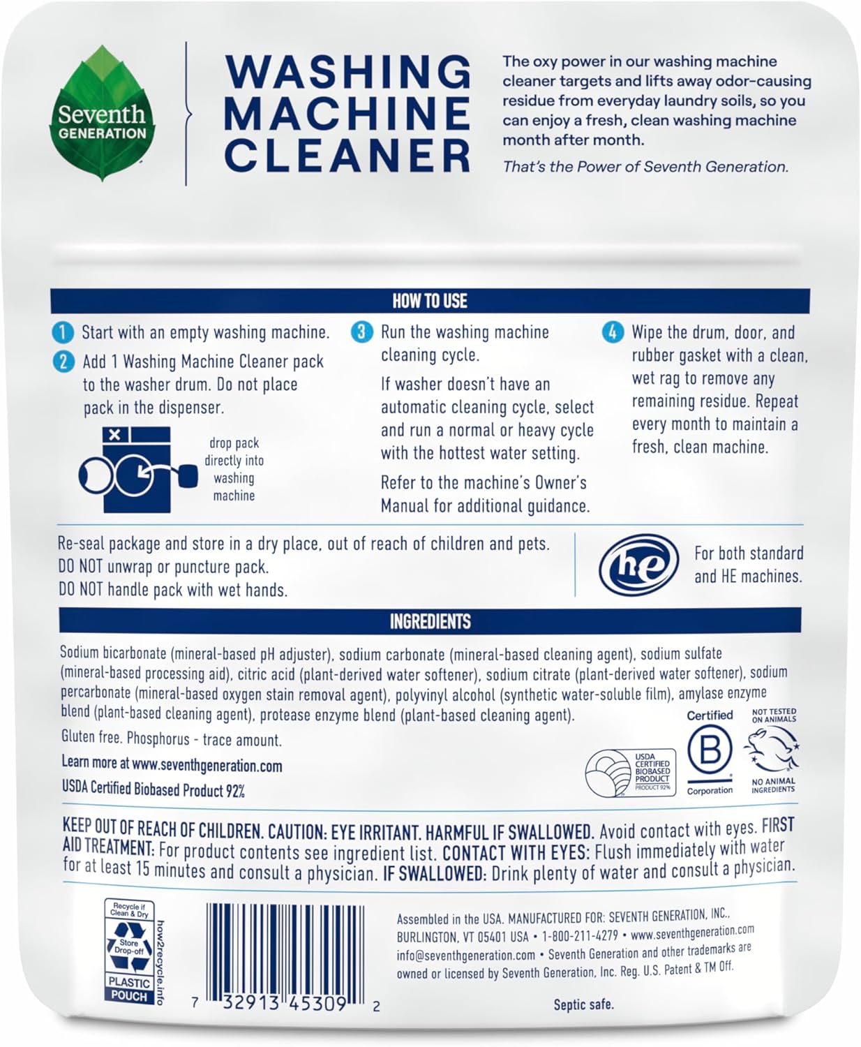 Seventh Generation Washing Machine Cleaner 6 Count Free & Clear Targets Odor-Causing Residue Powered by Oxy Power 4.2 oz