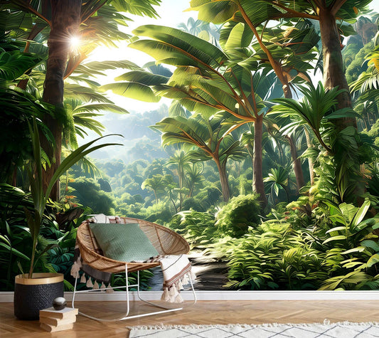 AFZEVEB-Green Tree Wall Mural Tropical Jungle Wallpaper for Bedroom 159"x107"(Not Peel and Stick)