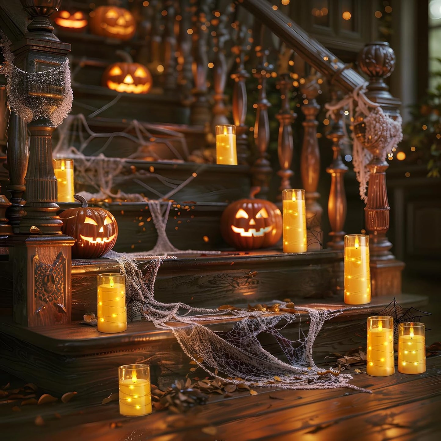 Homemory 9 Pcs Flameless Candles with Embedded Star String Fairy Lights, Battery Operated Candles, LED Candle, Fake Candles with Remote Control and Timer (Gold)