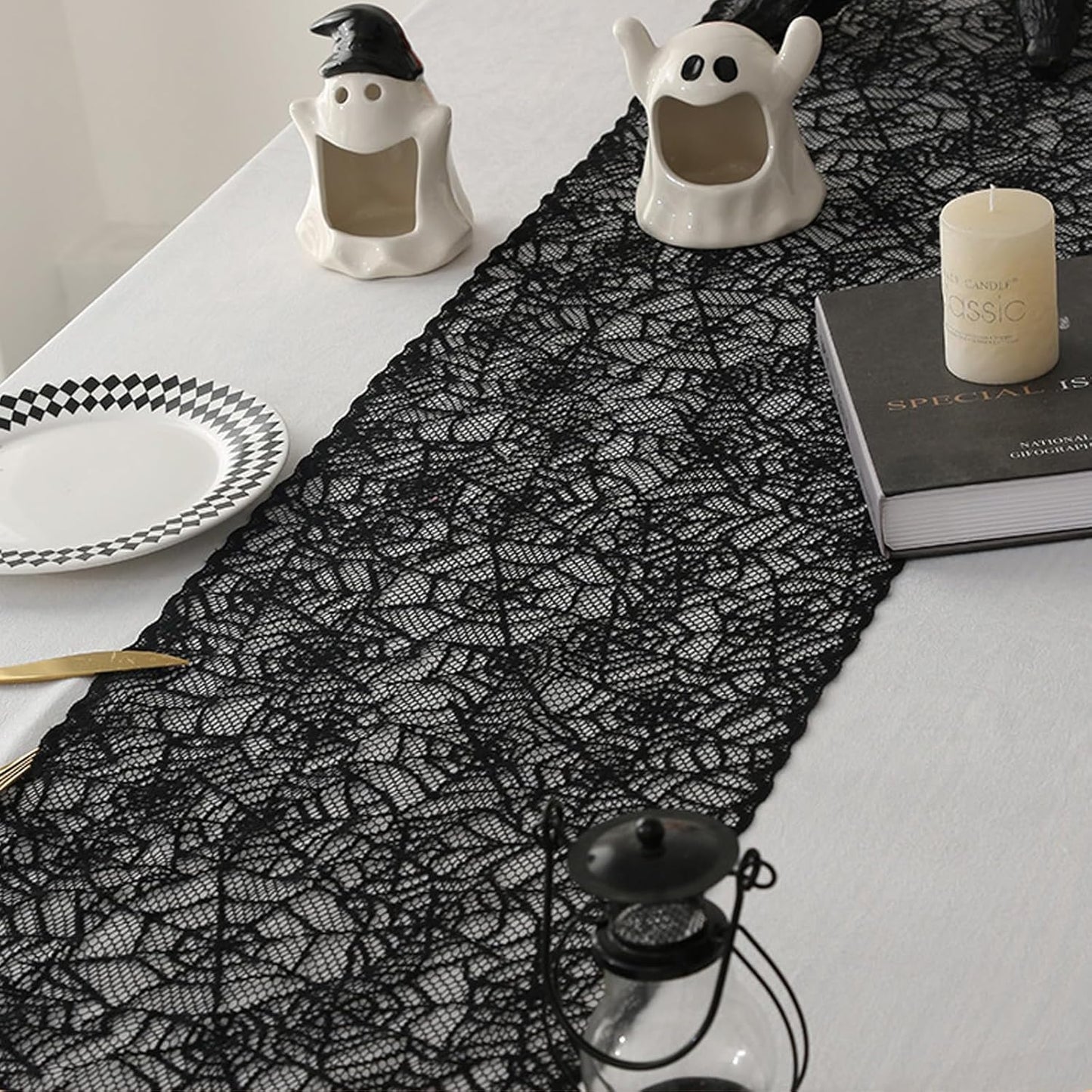 Halloween Spiderweb Lace Table Runners Black Cobweb Designs Table Cover Flag Halloween Tabletop Centerpieces & Fireplace Mantel Decorations for Autumn Home Indoor Party Decor