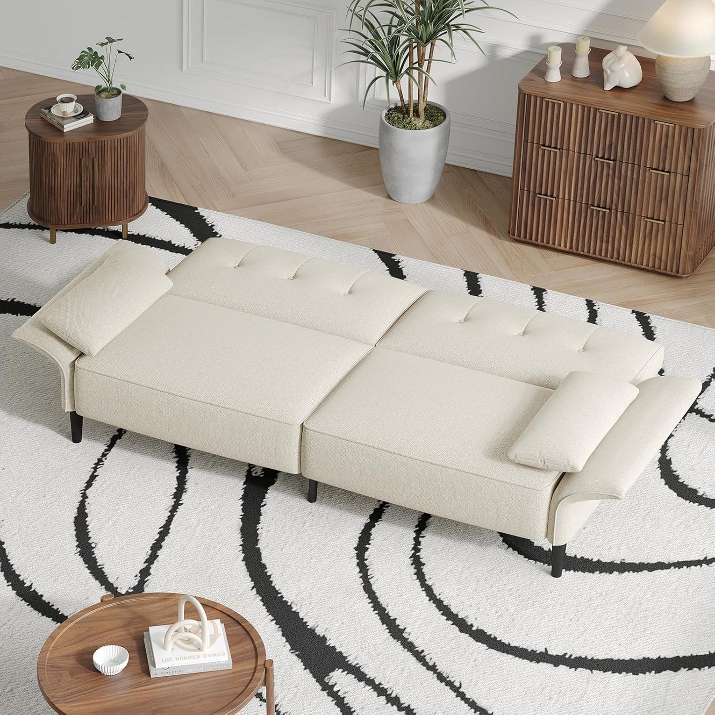 89” Futon Sofa Bed, Linen Comfy Futon Couch Bed with 2 Square Pillows, Convertible Sleeper Sofa with Adjustable Backrest& Armrests, Modern Loveseat Sleeper for Living Room, Bedroom, White