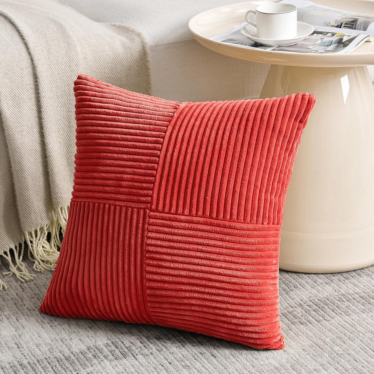 Fancy Homi 2 Packs Red Decorative Throw Pillow Covers 20x20 Inch for Living Room Couch Bed Sofa, Holiday Christmas Home Decor Gift, Soft Corss Corduroy Patchwork Accent Square Cushion Case 50x50 cm