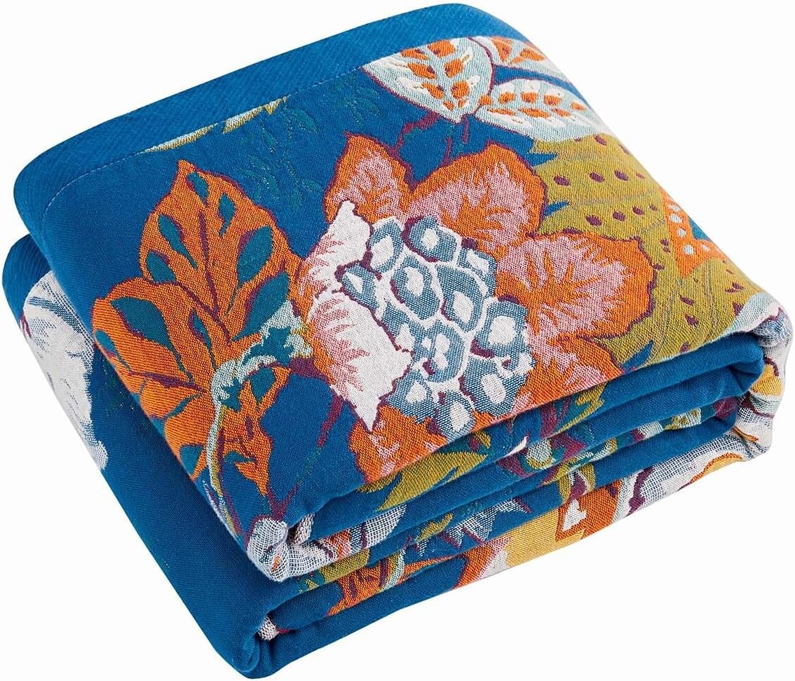 Boho Throw Blanket, Blue Lightweight Blankets for Summer, 100% Cotton Bohemian Decorative Throw Blanket, 90"x98" Reversible Muslin Breathable Woven Farmhouse Blankets Quilt,