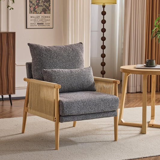 VINGLI Boho Braid Accent Armchair,Mid-Century Modern Chiar with Solid Wooden Armrest,Comfy Louge Cushion Chair with Waist Pillow for Bedroom,Living Room,Reading Room, Gray