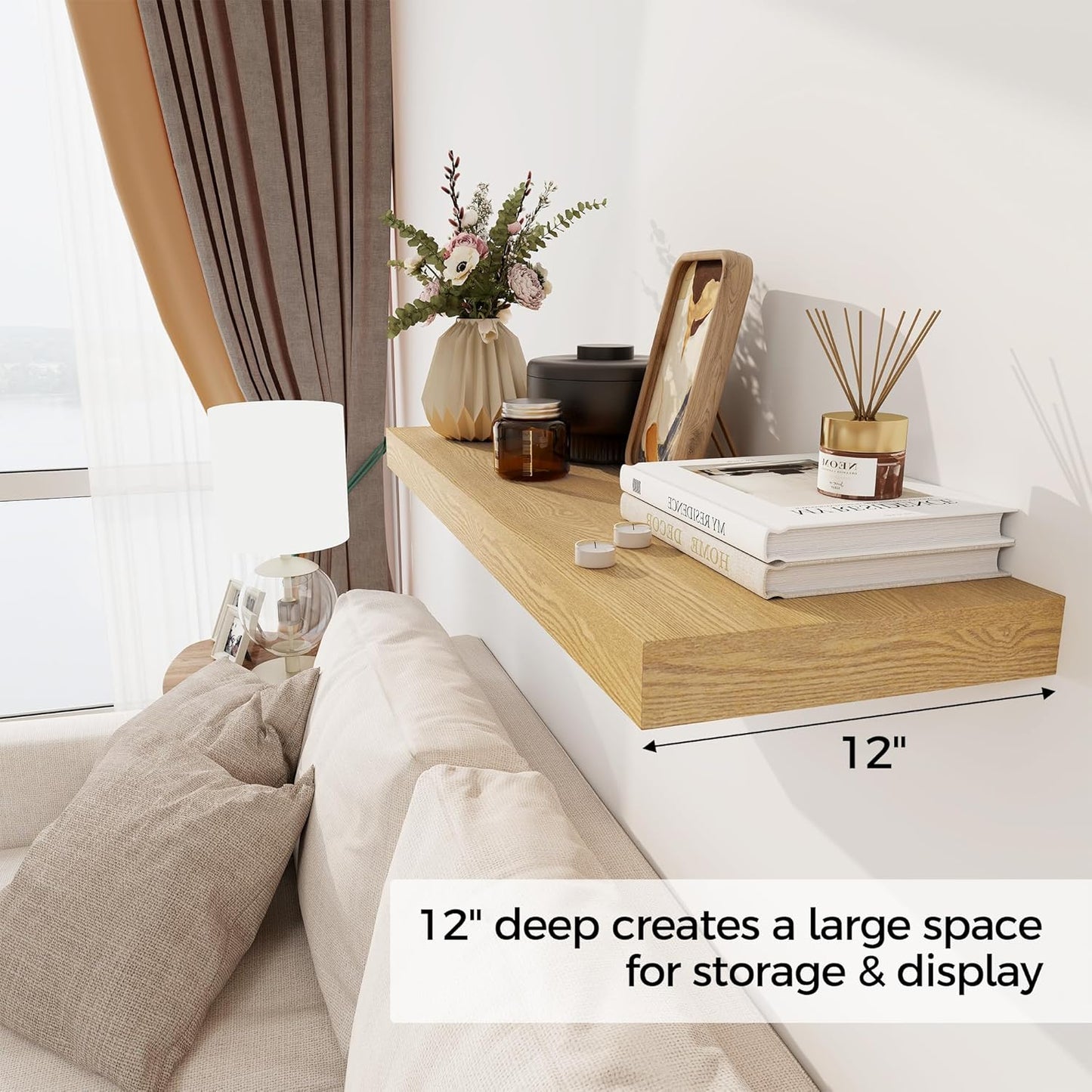 Floating Shelves 30 Inch Long, 12 Inch Deep Floating Shelf for Books, Rustic Wood 30 x 12 Storage Shelves for Wall Storage & Display, Thicked Wall Shelf for Kitchen, Living Room, Oak Color, 1 Pack