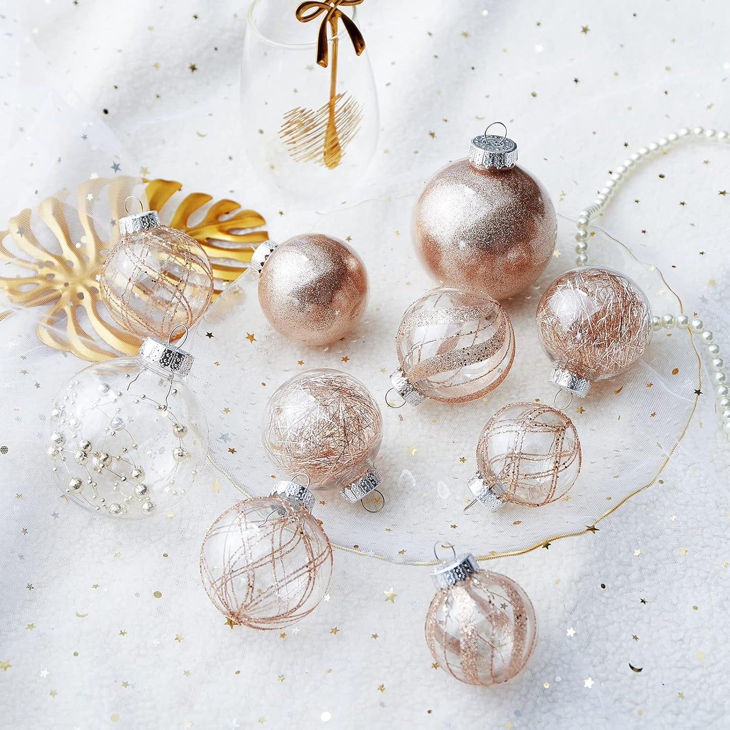 Clear Christmas Ball Ornaments,24ct Shatterproof Plastic Decorative Christmas Ornaments Hanging Xmas Tree Baubles Set with Stuffed Delicate Glittering Decorations for Holiday Party Decor(Rose Gold)