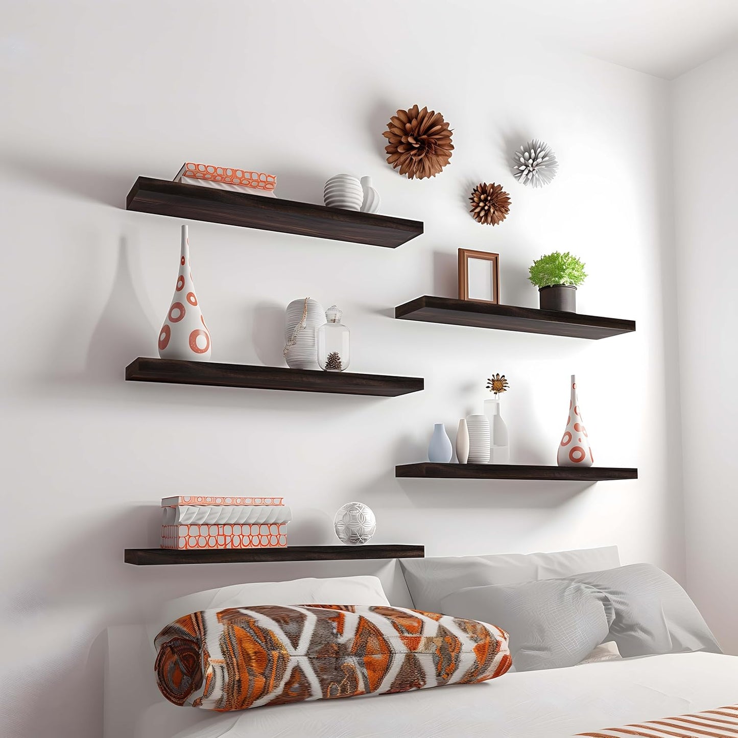 24 Inch Floating Shelves for Wall Rustic Brown Wood Wall Shelves for Bedroom Set of 4