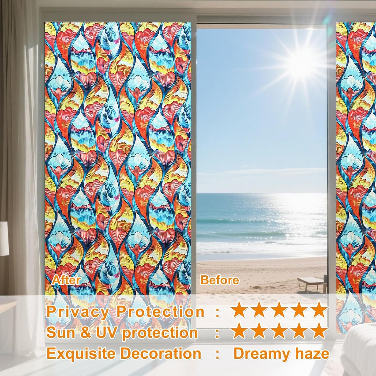 Window Privacy Film Stained Glass Decorative Static Clings Frosted Window Tint for Home Room Decor Bathroom Door Car Stickers with Glittering Effect, Removable(Tulip)