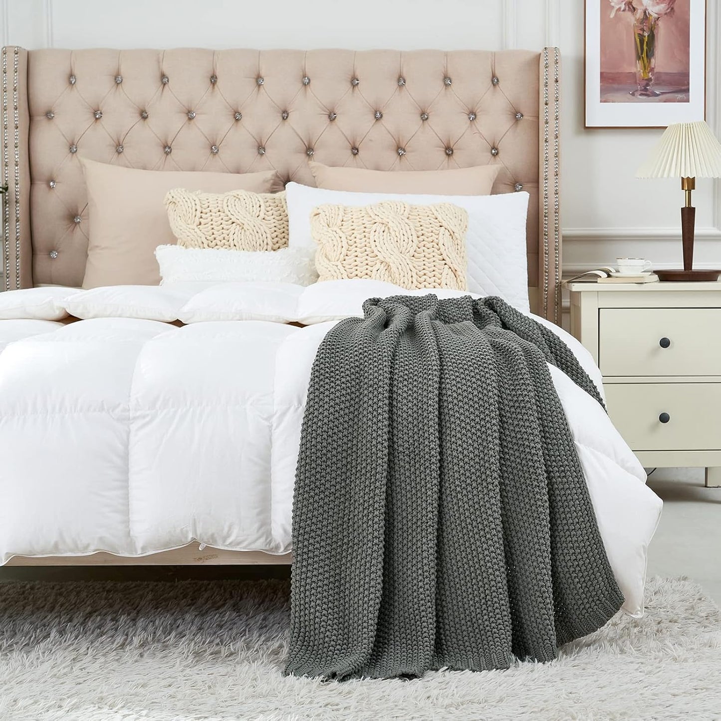 Longhui bedding Chunky Cable Knit Throw Blanket Lightweight Grey 100% Organic Cotton Blanket for Sofa Couch Bed Baby Nursery, Rustic Shabby Chic Modern Farmhouse, Gray 60” x 80” Give Laundering Bag