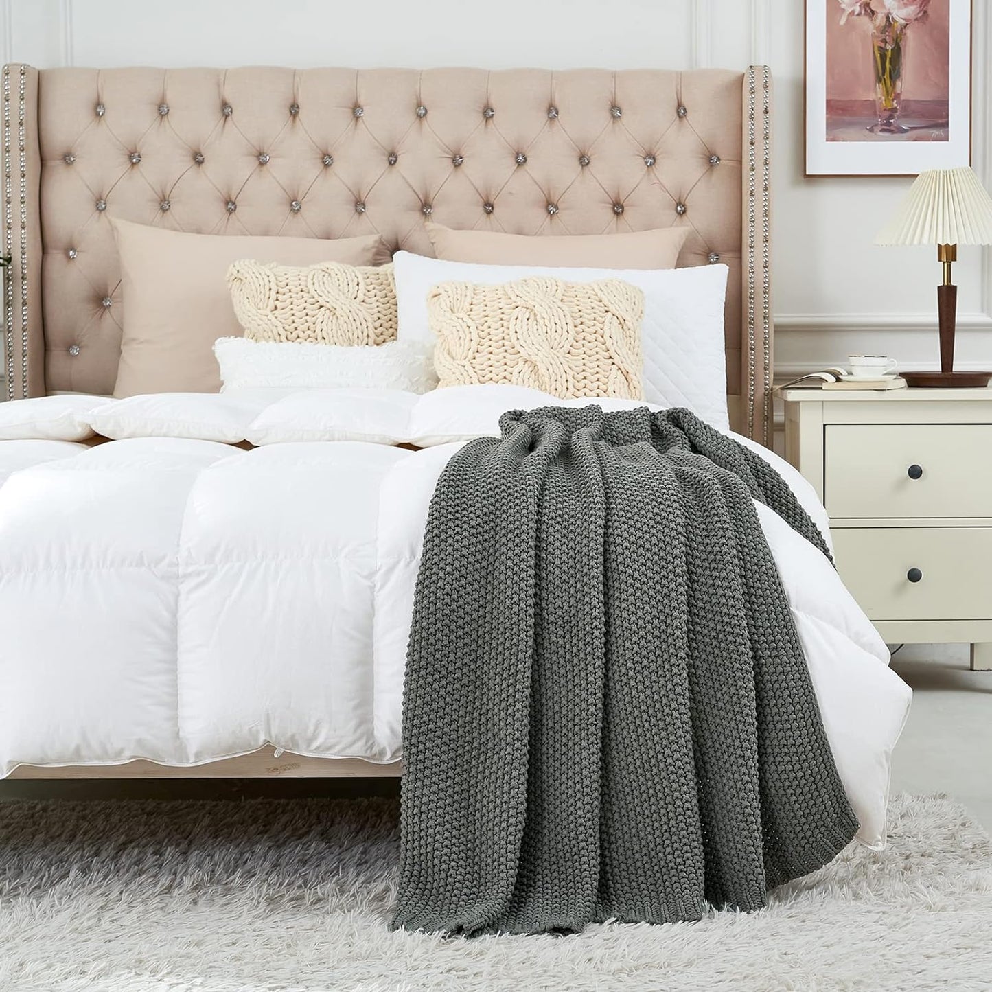 Longhui bedding Chunky Cable Knit Throw Blanket Lightweight Grey 100% Organic Cotton Blanket for Sofa Couch Bed Baby Nursery, Rustic Shabby Chic Modern Farmhouse, Gray 51” x 63” Give Laundering Bag