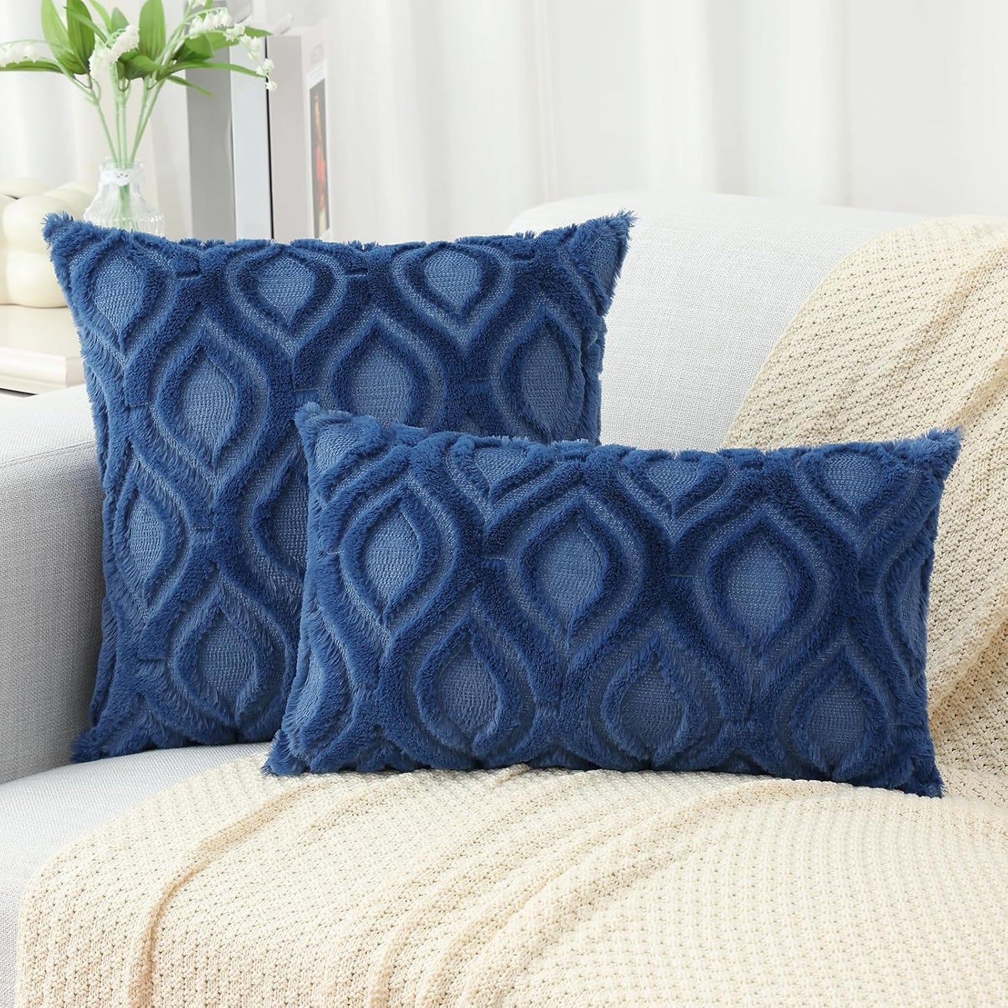 decorUhome Fall Throw Pillow Covers 22x22 Inch Set of 2, Soft Plush Decorative Faux Fur Dark Blue Solid Couch Pillow Covers, Accent Farmhouse Neutral Square Euro Pillow Cases for Sofa Bed Living Room