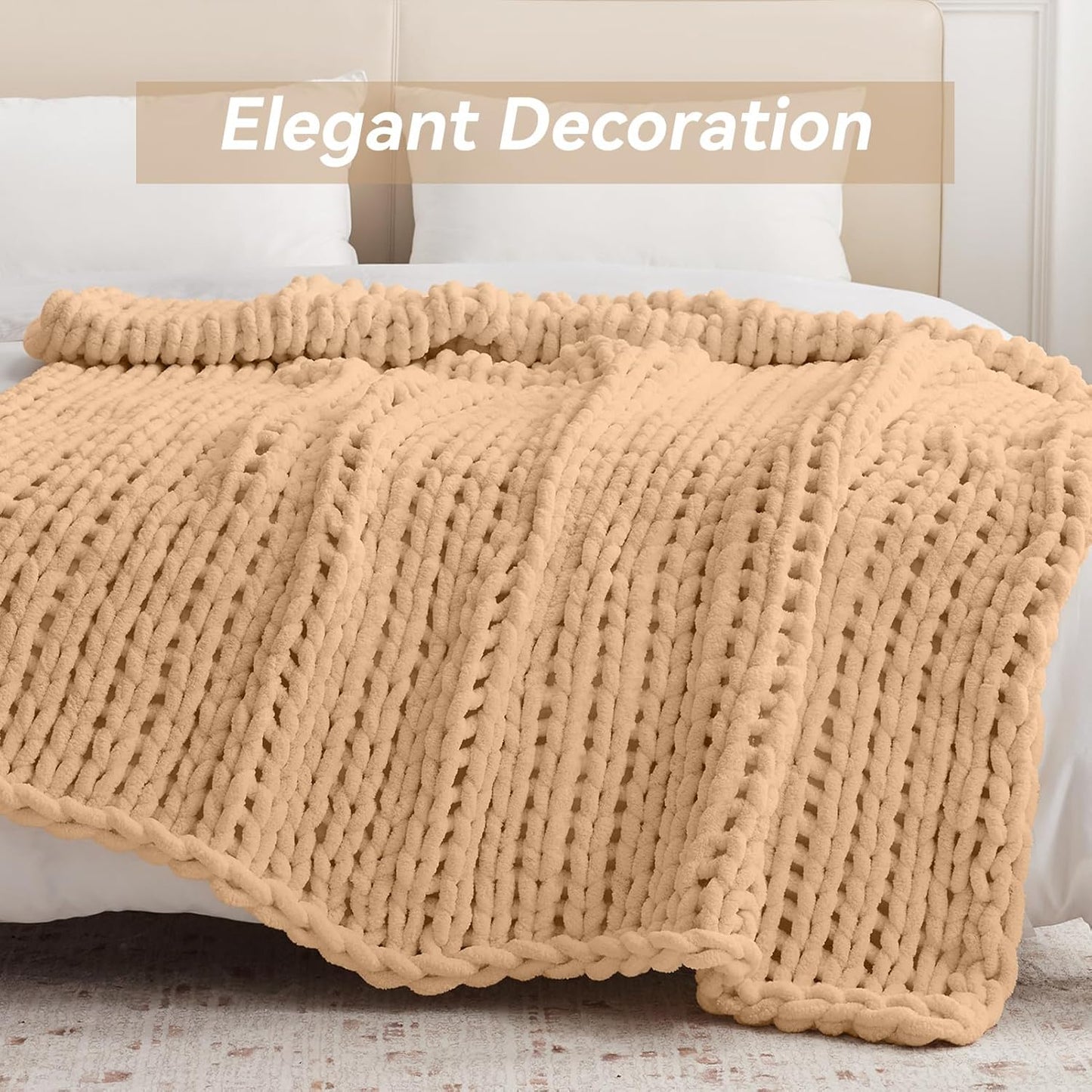 Chunky Knit Throw Blanket, 80''*90'' Knitted Throw Chenille Yarn for Bed Couch, Handmade Beige Crochet Big Thick Blanket, Machine Washable Cute Comfy Blanket for Home Decor
