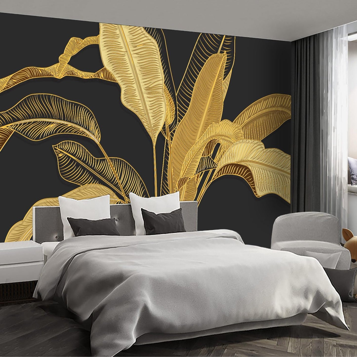 Gold Banana Leaf Wall murals Peel and Stick Wallpaper for Bedroom Living Room - 58"x86"