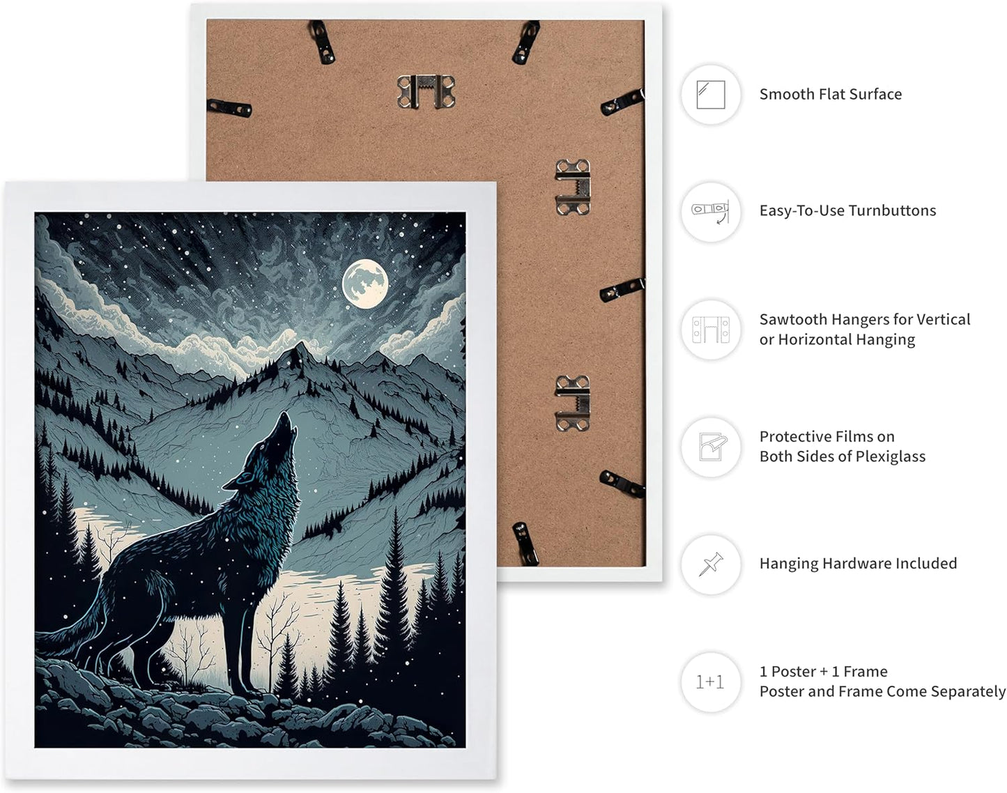 Poster Master Vintage Illustration Poster - Retro Animal Print - Gift for Artist, Friend - Wolf Howling at the Moon, Mountain, Snow, Landscape - Wall Decor for Home, Office, 8x10 White Framed