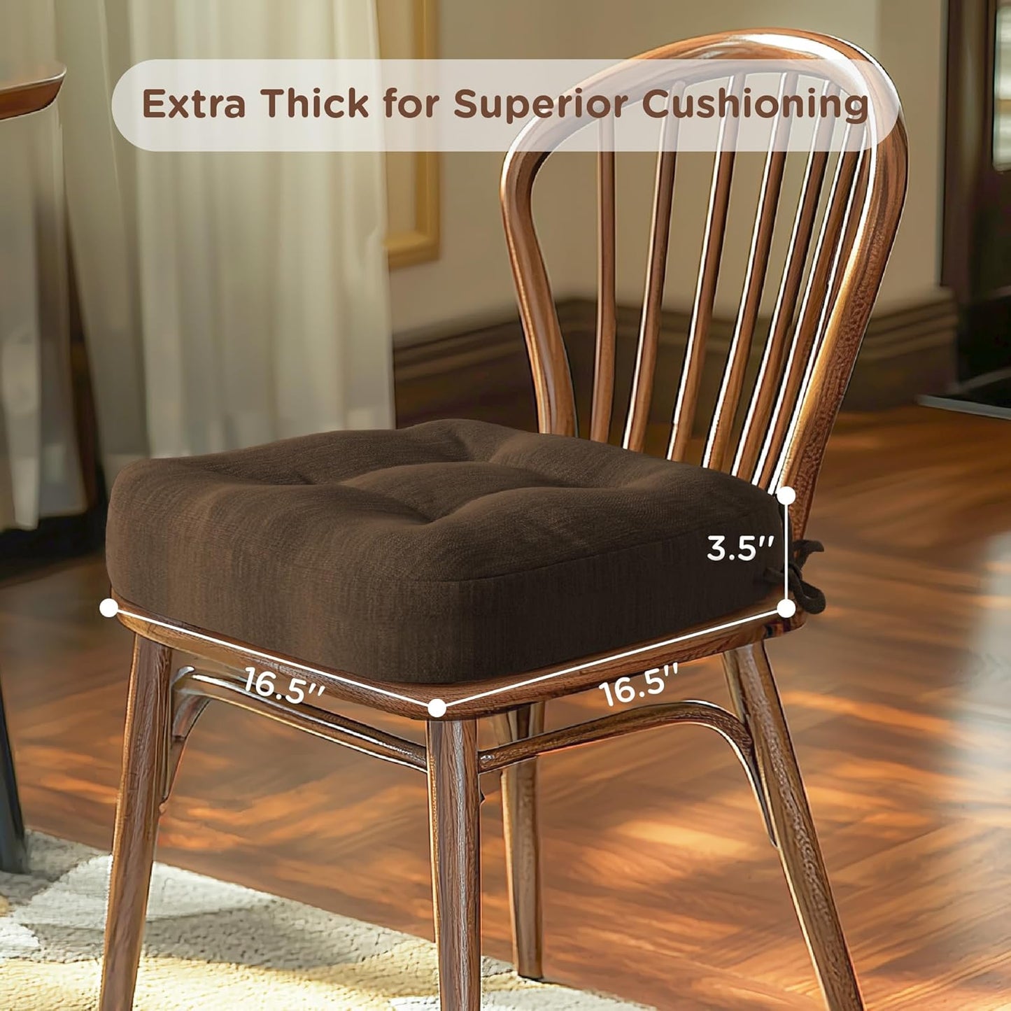 Codi Dining Chair Cushions 4 Pack, Thick Chairs Pads for Indoor Kitchen Room - Washable, Non-Slip Seat Cushion with Ties, 16.5"x16.5"x 3.5", Set of 4, Brown