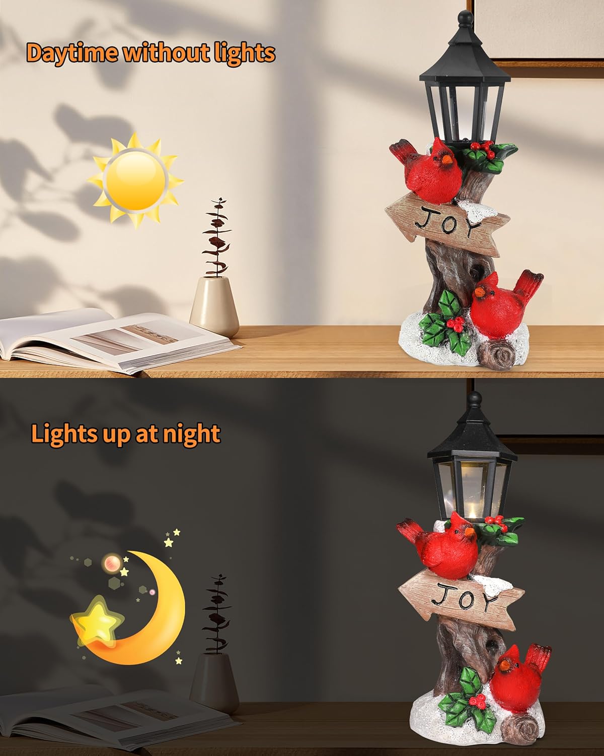 iStatue Lighted Cardinal Christmas Ornaments - 10’’ Resin 2 Red Birds Joy Lamp Post Figurine with Candle Lantern - Unique Xmas Decorations Indoor Decor Gift (Cardinal)