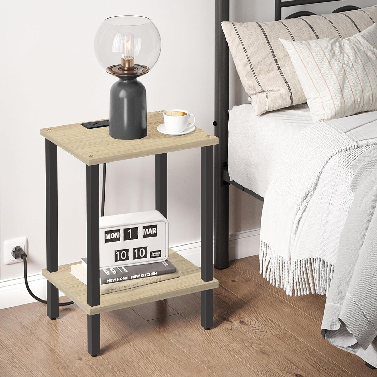 TUTOTAK End Table with Charging Station, Set of 2, Small Side Table with Outlets, Nightstand Bedside Table, 2-Tier Storage Shelf for Small Space, Living Room, Bedroom Oak TB01BO041
