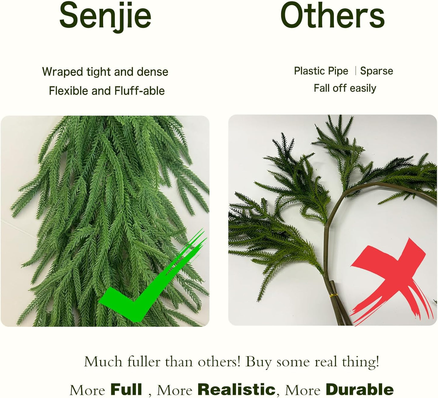 Christmas Garlands Norfolk Pine Garland Real Touch Artificial Faux Greenery Garland for Holiday Indoor Outdoor Decor 6FT