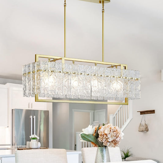 IKK Modern Gold Rectangle Chandeliers for Dining Room, Crystal Water Ripple Light Fixture, Elegant Farmhouse Linear Lighting for Kitchen Island, Bar Table, L33 x W9 x H12