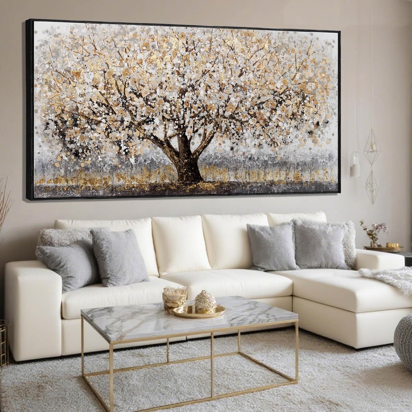 Gold Foil Canvas Wall Art Flower Wall Decor Plant Photo Prints Landscape Wall Decorations 29"x58" Large Artwork for Living Room Office