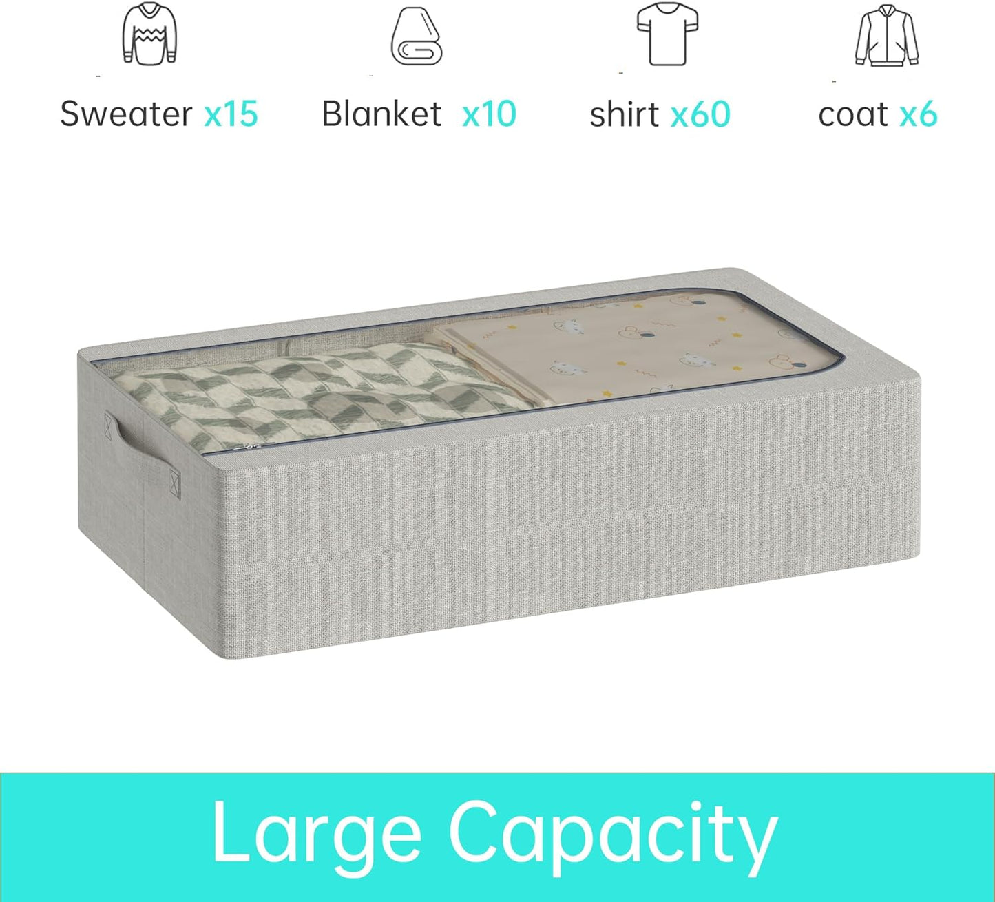 3PCS Under Bed Storage Bins with Metal Frame, Linen Fabric Frame Storage Box Clothes Organizer Bins, Underbed Container with Clear Window (Light Grey, 15.7 x 13 x 6IN)