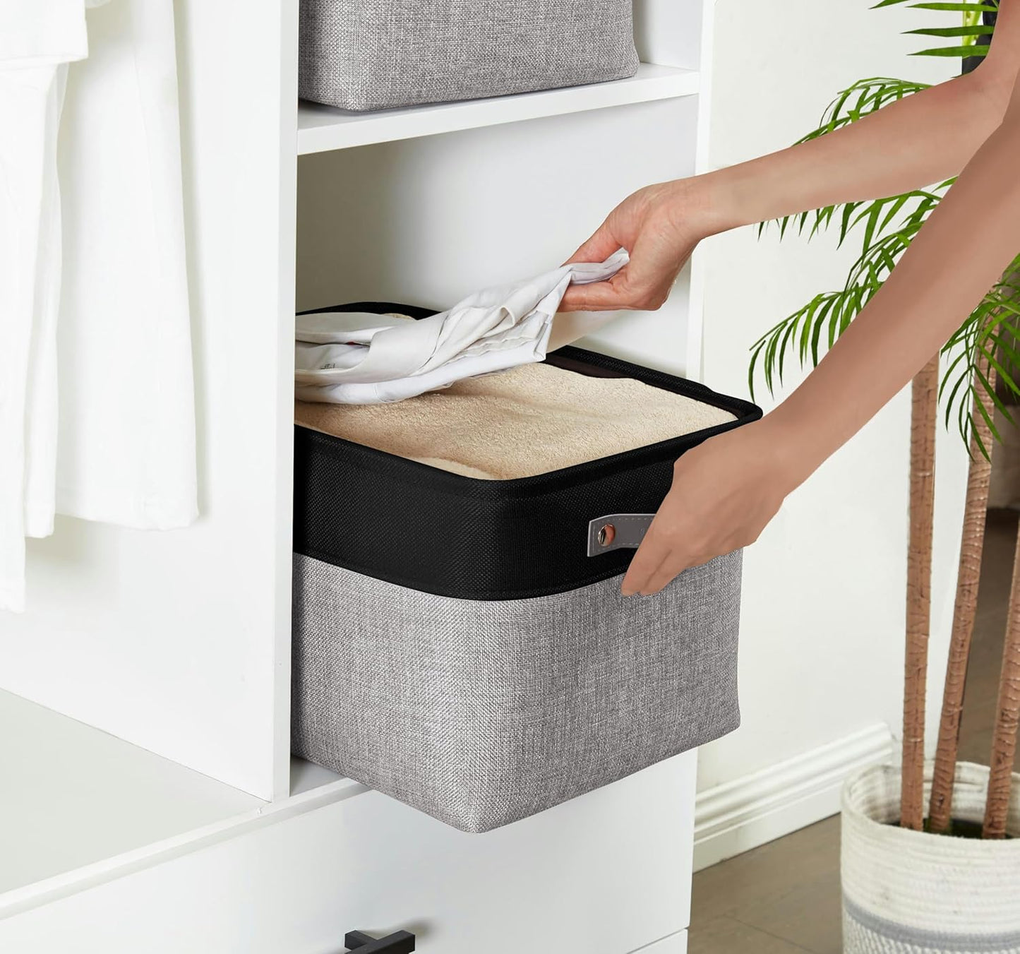 DECOMOMO Storage Baskets for Shelves - Fabric Closet Organizers and Storage Bins, Perfect Baskets for Organizing Closet Toys Nursery (Grey and Black, XL - 3 Pack)