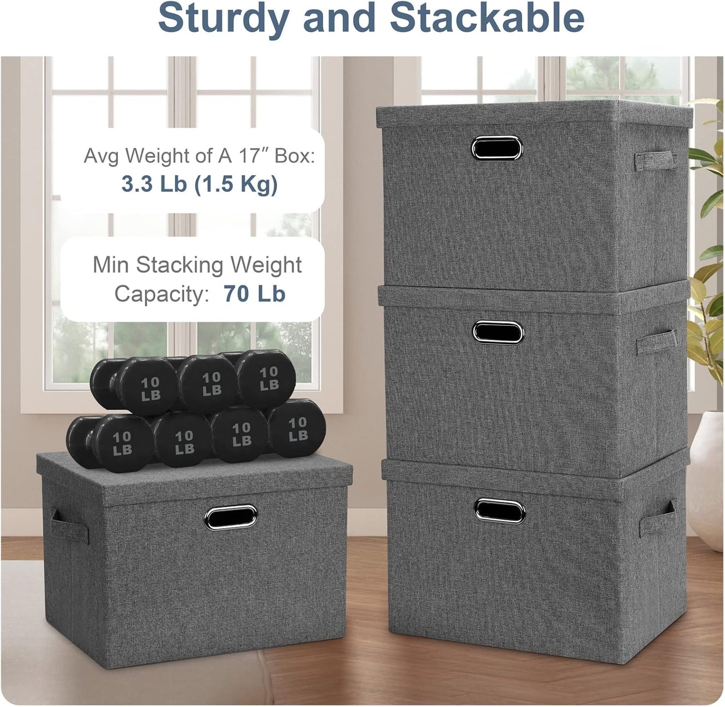 Large 17" 36 Quart Collapsible Stackable Storage Bins with Lids, 1 Pack Grey Foldable Fabric Closet Storage Boxes with Lids, 4 Handles Heavy-duty Linen Cube Baskets for Bedroom