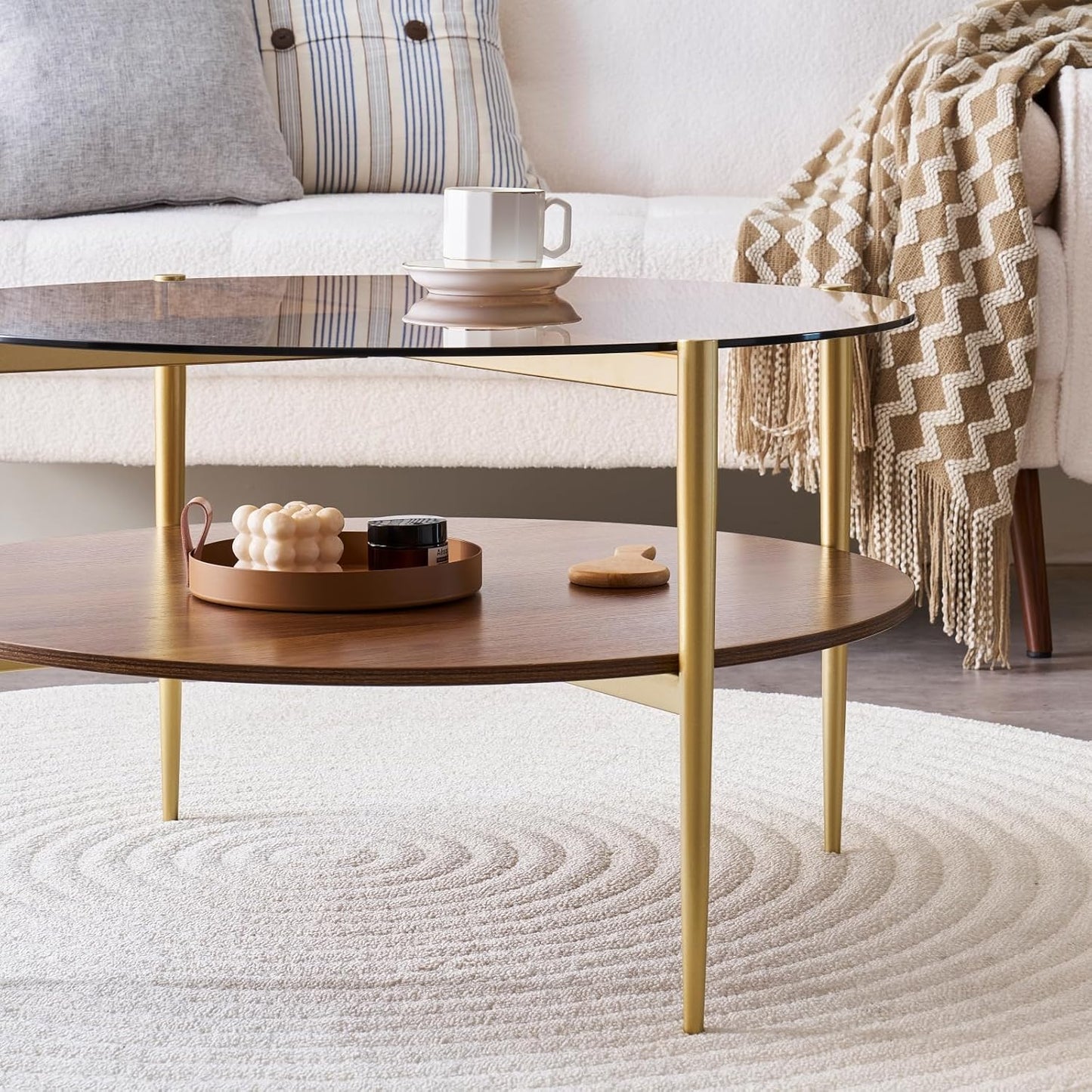 Round Coffee Table, Mid-Century Modern Design, D30 x H17, for Living Room, 2-Tier Structure, Amber Glass Top and Walnut MDF Shelf, Sleek Conical Metal Legs with Gold Finish