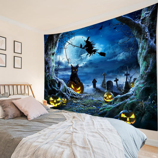 LB Halloween Wall Tapestry 92.5x70.9 Inch - Spooky Graveyard Scene with Witch, Black Cat, Pumpkin, Full Moon & Dead Tree Decor for Bedroom, Living Room, Dorm, Party