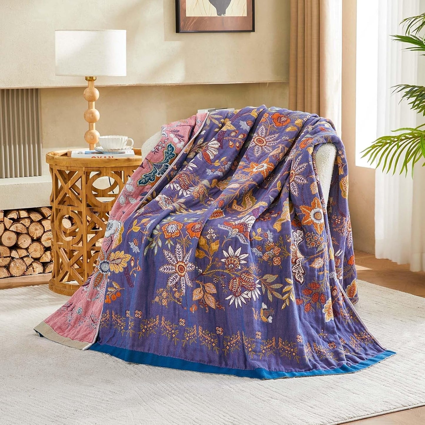 Boho Blanket, 100% Cotton Farmhouse Decorative Throw Blanket, 50"x60" Reversible Bohemian Throw Blanket, Purple All Season Muslin Breathable Woven Blankets Quilt