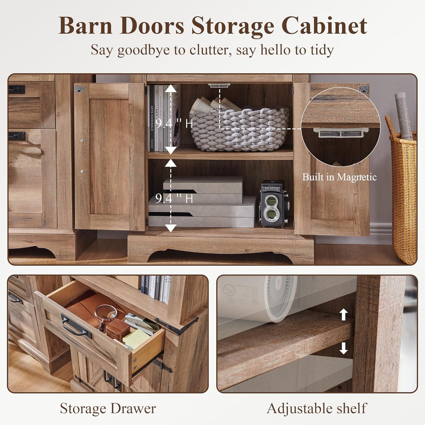 RedLemon Bookshelf with Storage Cabinet, 72" Tall Farmhouse Bookcase with Adjustable Shelves and Barn Door, 4 Tier Office Wood Bookshelf with Retro Metal Handles for Office, Library (Natural Oak)