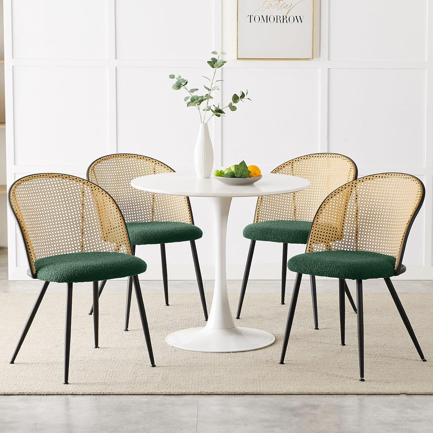 Rattan Dining Chairs Set of 4, Mid-Century Modern Kitchen Dining Room Chairs with Full Cane Backrest Armless Upholstered Farmhouse Boucle Dining Chairs with Metal Leqs for Dining Room, Green