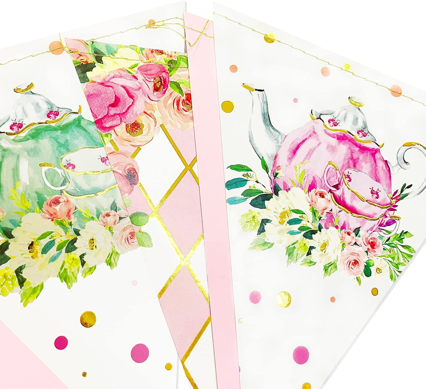 Spring Tea Party Decorations Pink and Gold Floral Flower Butterfly Teapot Teacup Plaid Paper Triangle Flag Pennant Banner Bunting for Spring Birthday Wedding Bridal Baby Shower Engagement Tea Party