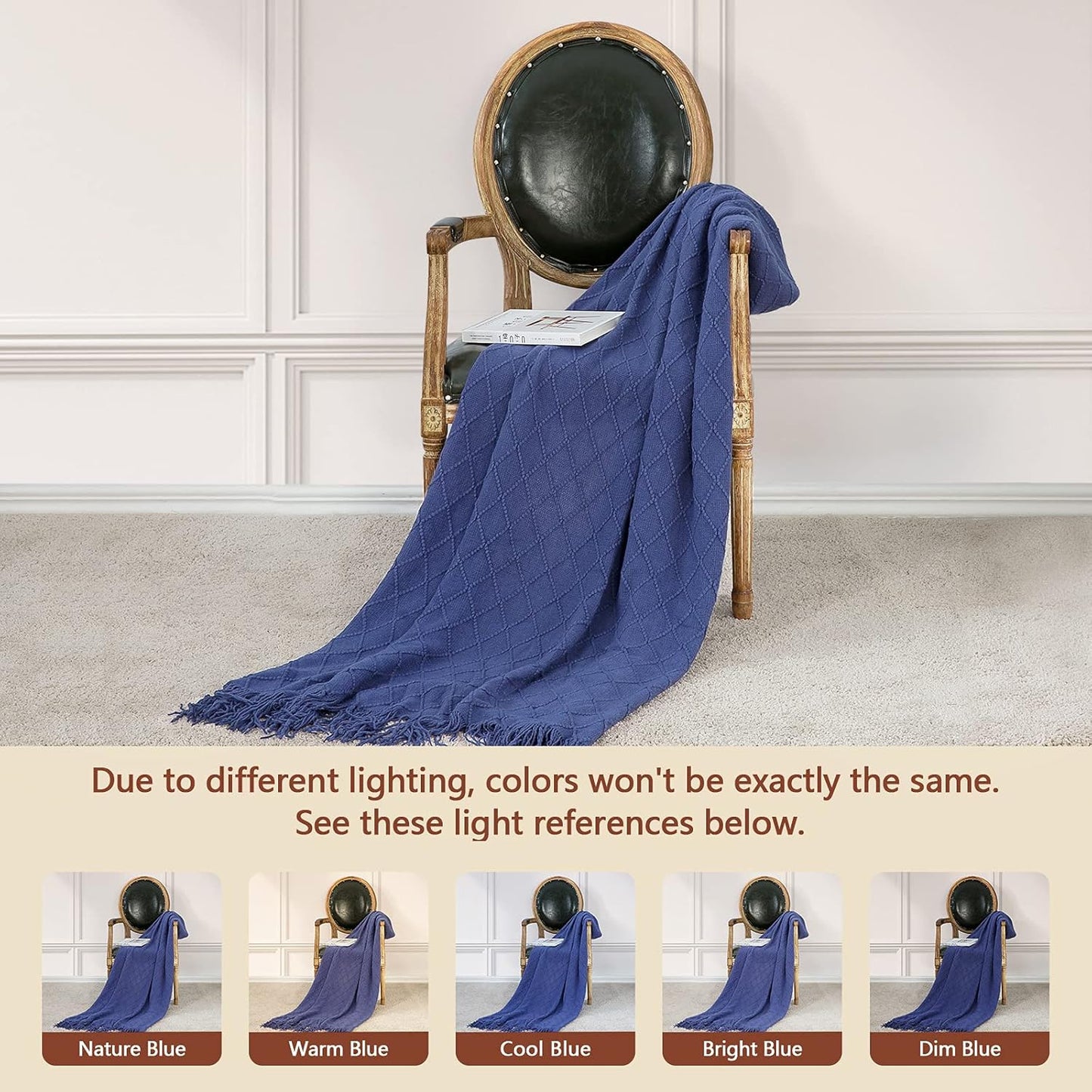 inhand Navy Blue Throw Blanket for Couch and Bed, Soft Living Room Home Decor Knitted Blanket with Tassel, Outdoor Lightweight Breathable Summer Blanket, Farmhouse Warm Woven Decorative, 50"x60"