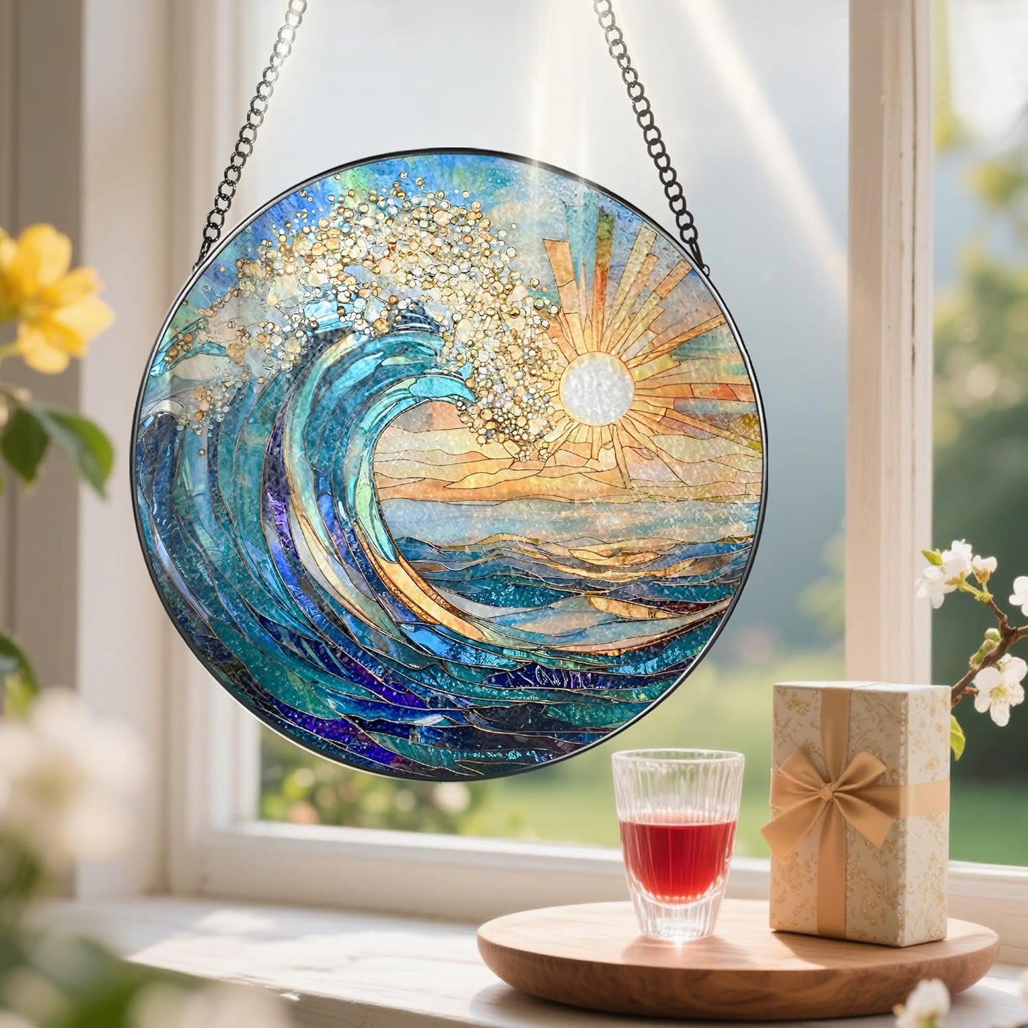 Sea Wave Stained Glass Suncatcher, 8 Inch Ocean Suncatchers for Window Hanging, Beach Lover Gifts, Beach Decor, Coastal Suncatcher, Gifts for Friends, Couples, Family, Colleagues